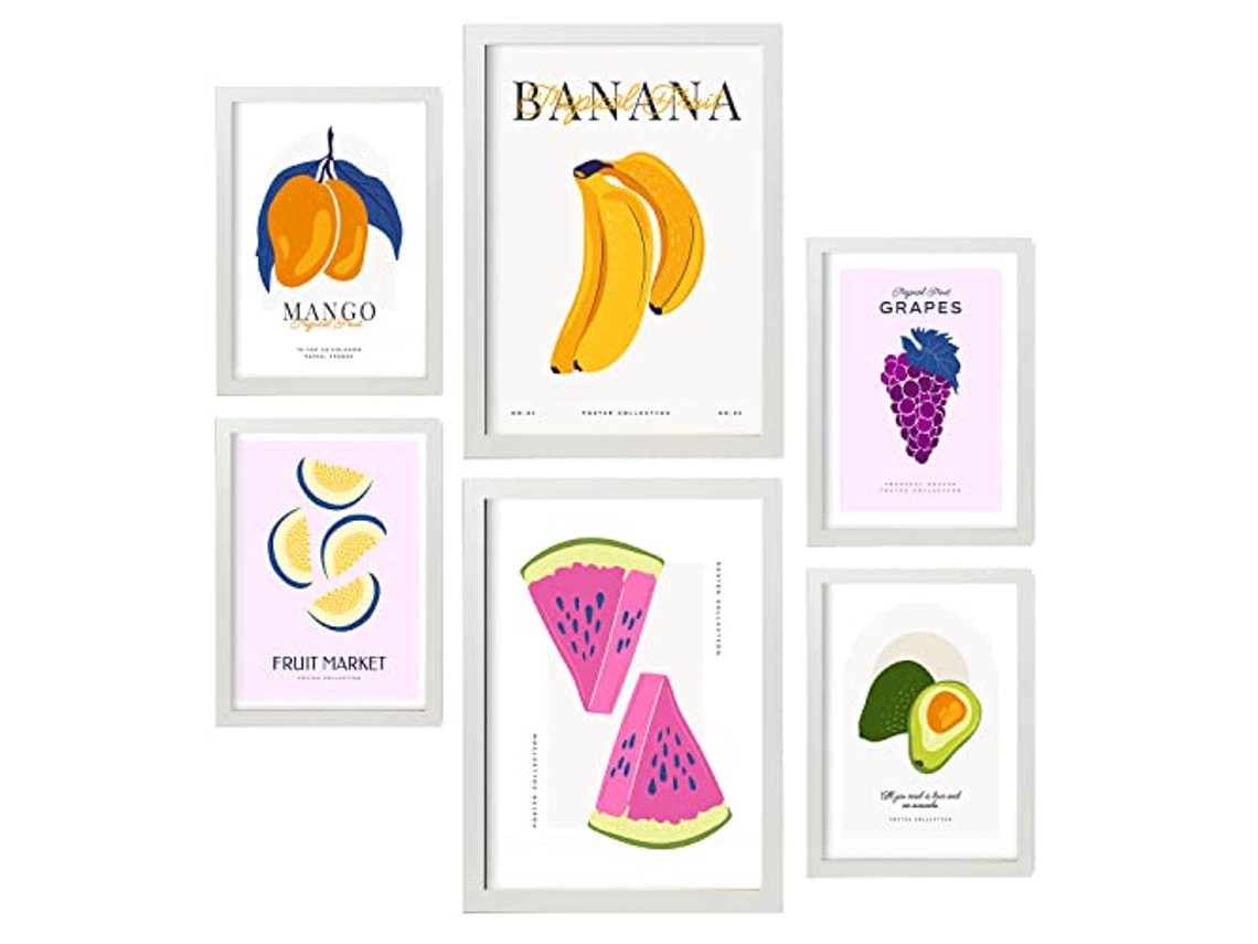 NACNIC Set De 6 Posters De Comida Y Alimentación Frutas De Verano Láminas De Naturaleza Y Nutrición Para  Tamaños A3 & A4 Marcos Blancos