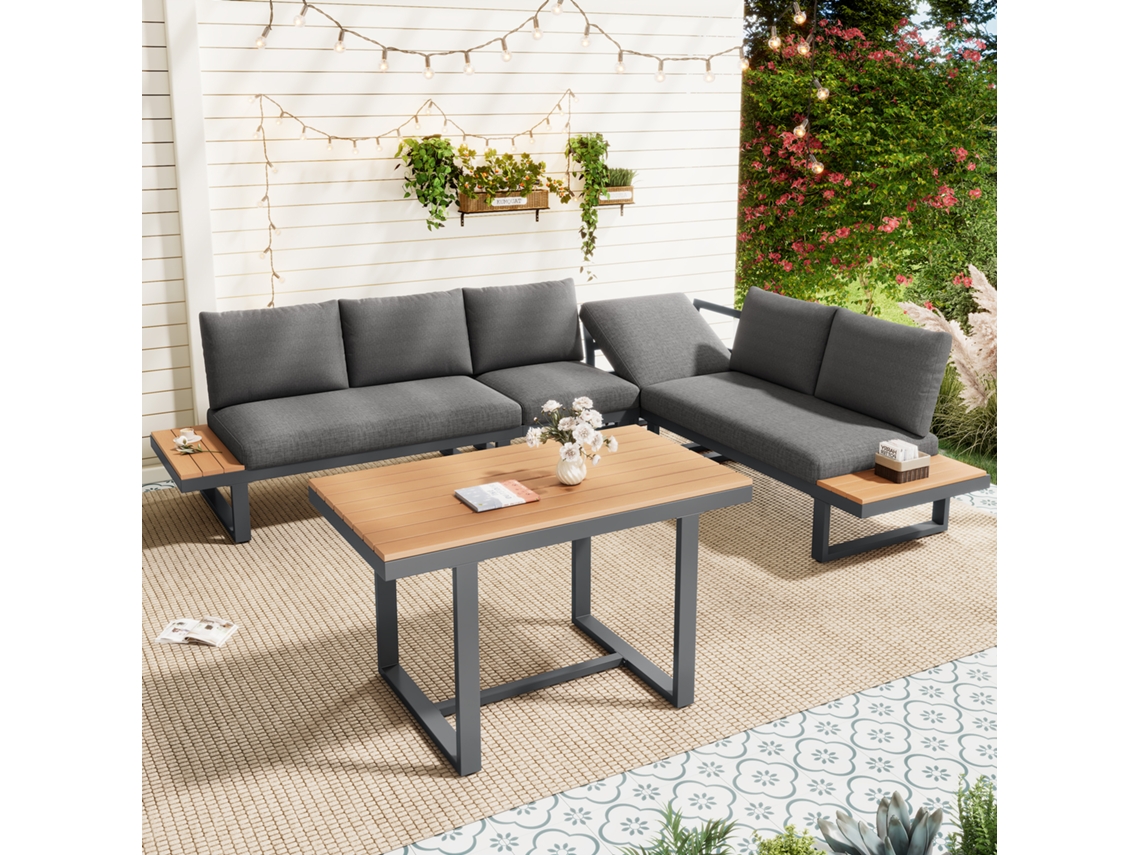 Juego De Jardín De Esquina Reclinable En 5 Posiciones, Estructura De Acero Galvanizado, Mesa De Material Compuesto, Gris-negro, Con Espacios