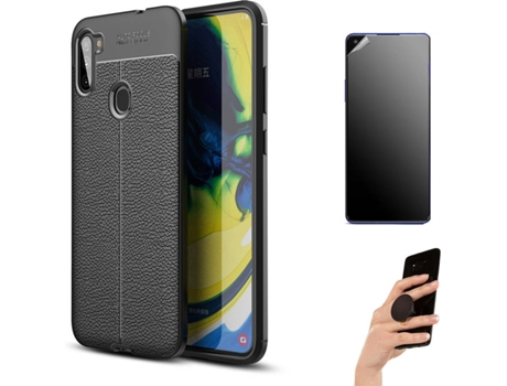 Kit Carcasa Y Protector Samsung M11 Ultimatte Rugged Leather Y Popsocket Negro