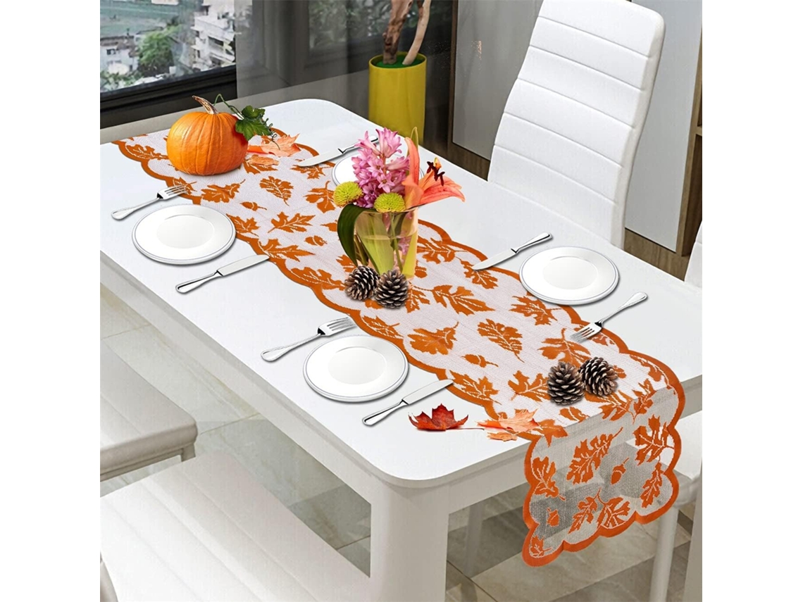 HYMNORA Elegantes caminos de mesa otoñales, diseño único sin costuras, tejido de encaje con estampado de hojas de arce, decoración otoñal de poliéster naranja