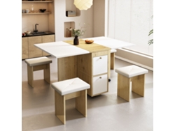 Conjunto de mesa de comedor 120x80x75 cm, extensible y plegable con 4 sillas, estilo roble blanco.