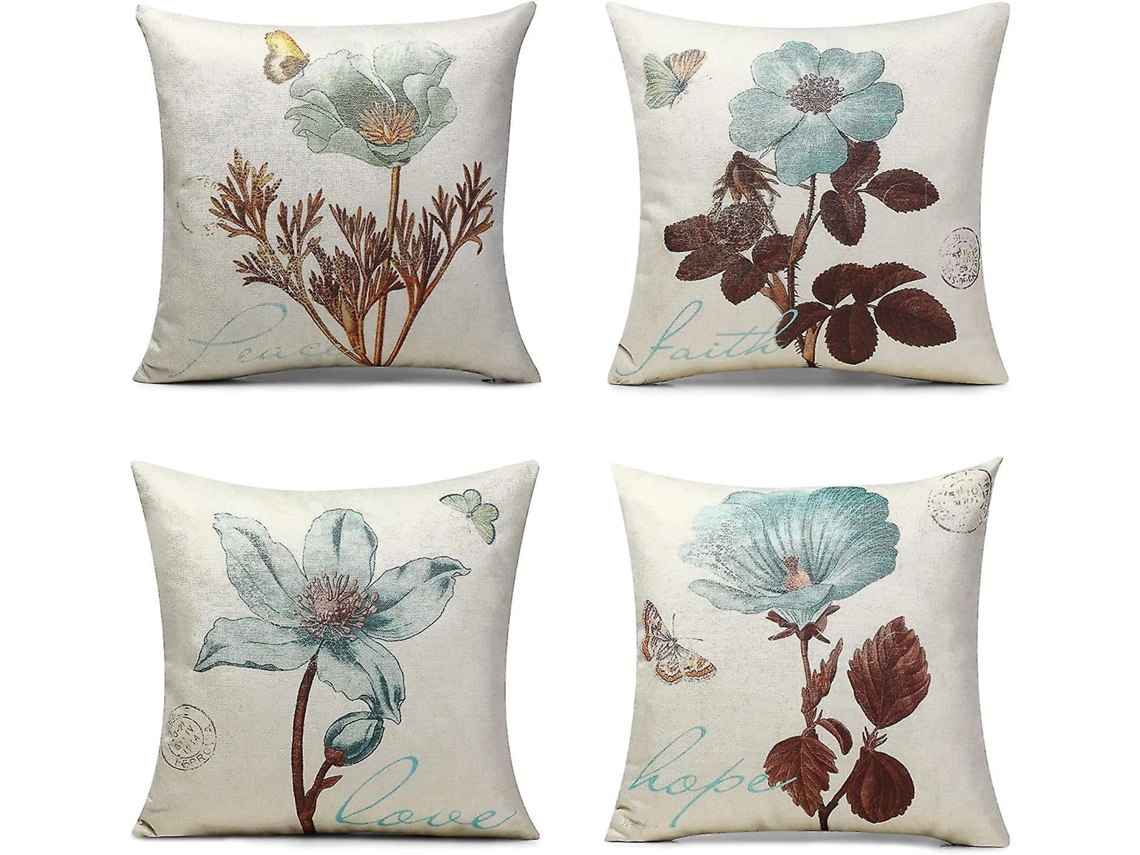 Rebe-4 Fundas De Almohada Decorativas Florales De Lino 45x45 Cm/18x18 Pulgadas Para Sofá Y Hogar