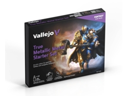VALLEJO True Metallic Metal Starter Set - Kit de inicio de pintura metálica para miniaturas: 12 núcleos de 18 ml + pincel + miniatura exclusiva
