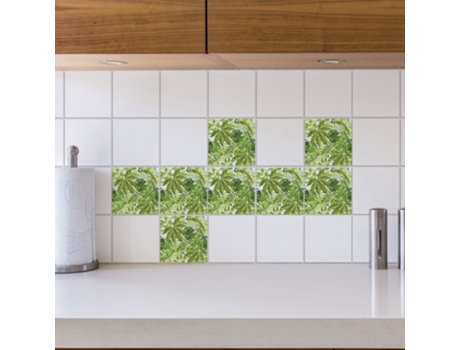 Adhesivo de Azulejo Decorativo PLAGE Imitación de Patrones Verdes Tropicales sobre Fondo Blanco X6 15 cm X 15 cm