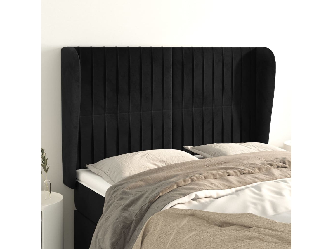 Cabecero Con Orejas De Terciopelo Negro 147x23x118/128 Cm