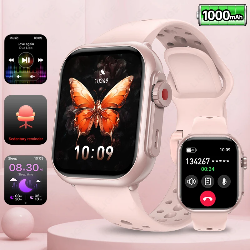 Reloj inteligente (rosa), batería de 1000 mAh, pantalla AMOLED, monitorización de frecuencia cardíaca, llamadas Bluetooth, resistente al agua.