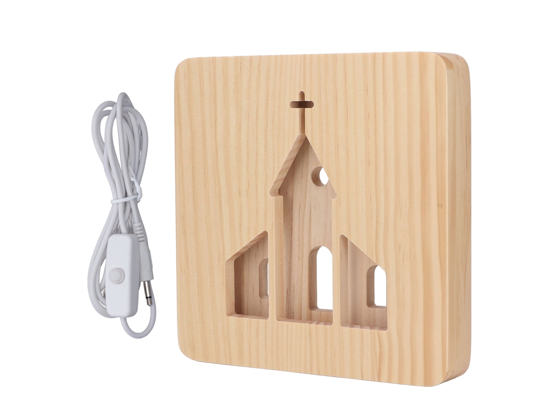 Lámpara De Noche Led 3d De Madera De Pino, Con Diseño De Iglesia Cristiana Y Conexión Usb Para Dormitorio.