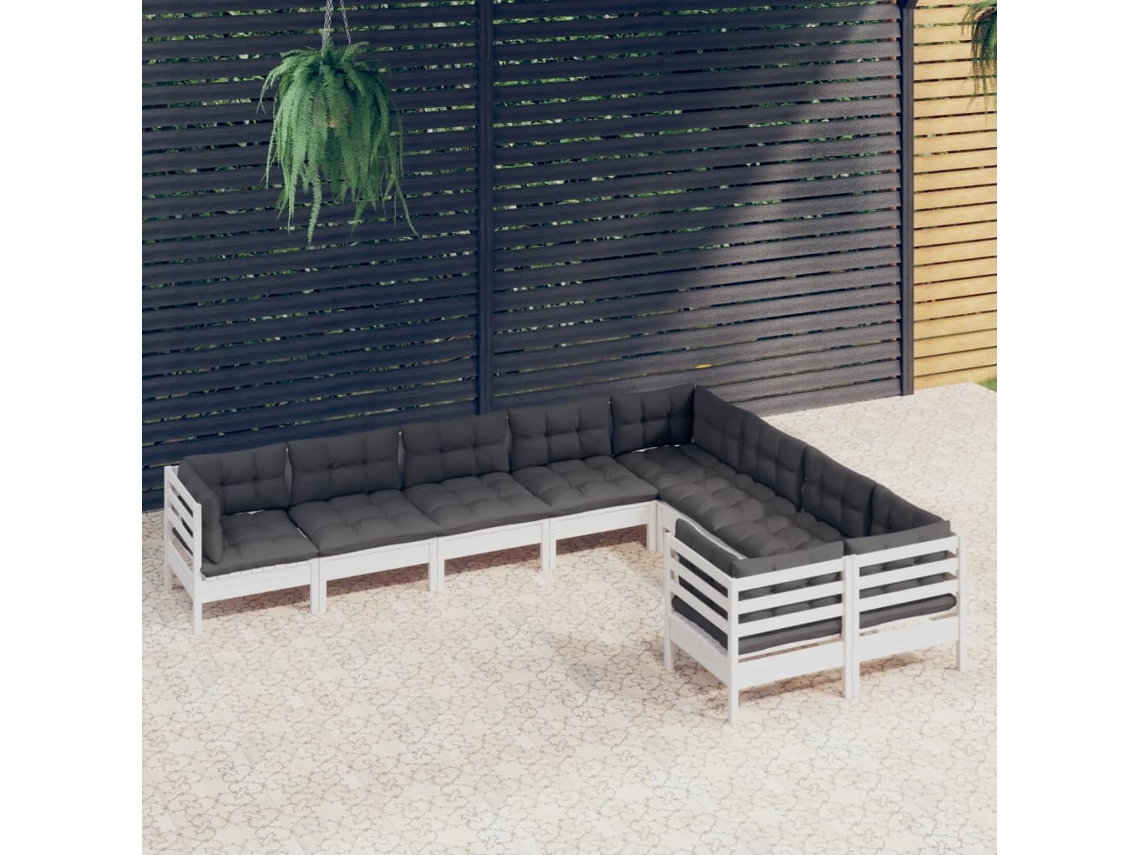 9 Piezas Conjunto Lounge De Jardim C/ Almofadões Pinho Branco Dkd Home Decor