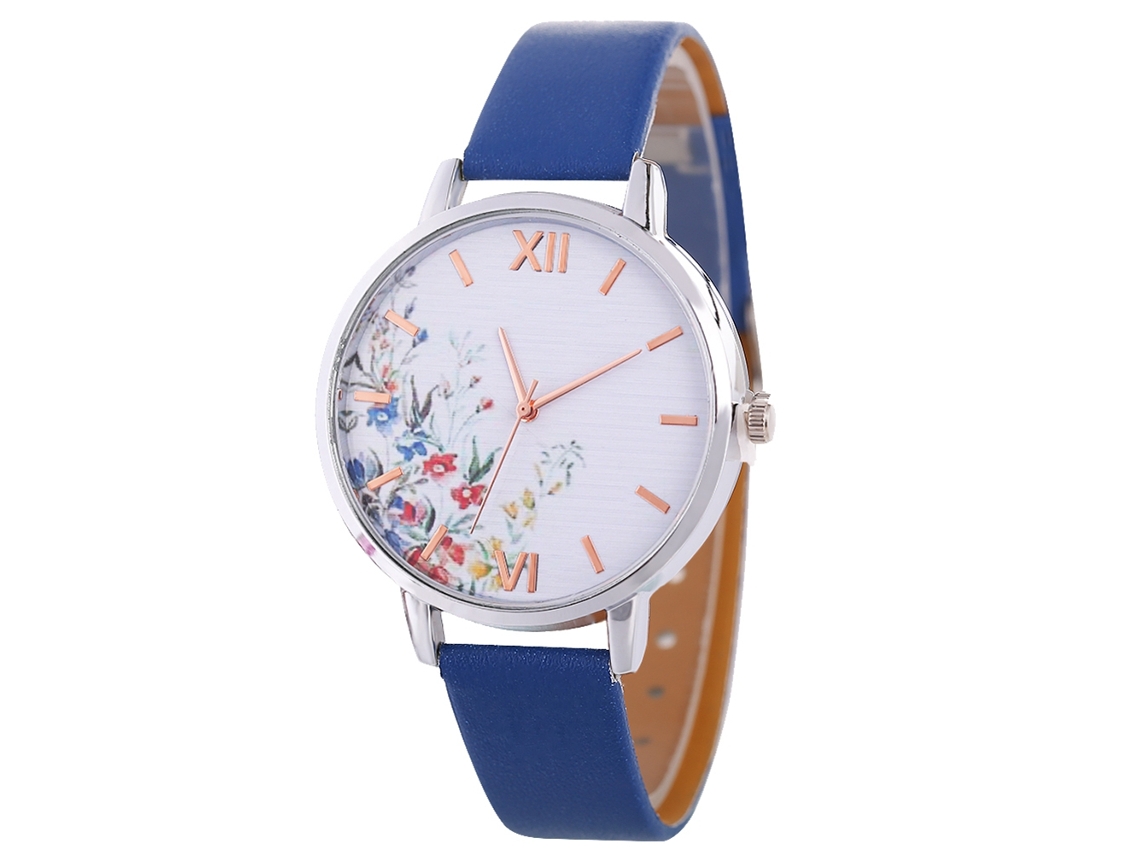 Reloj De Cuarzo Para Mujer Con Correa De Piel Sintética, Esfera Floral Azul Marino, A La Moda.