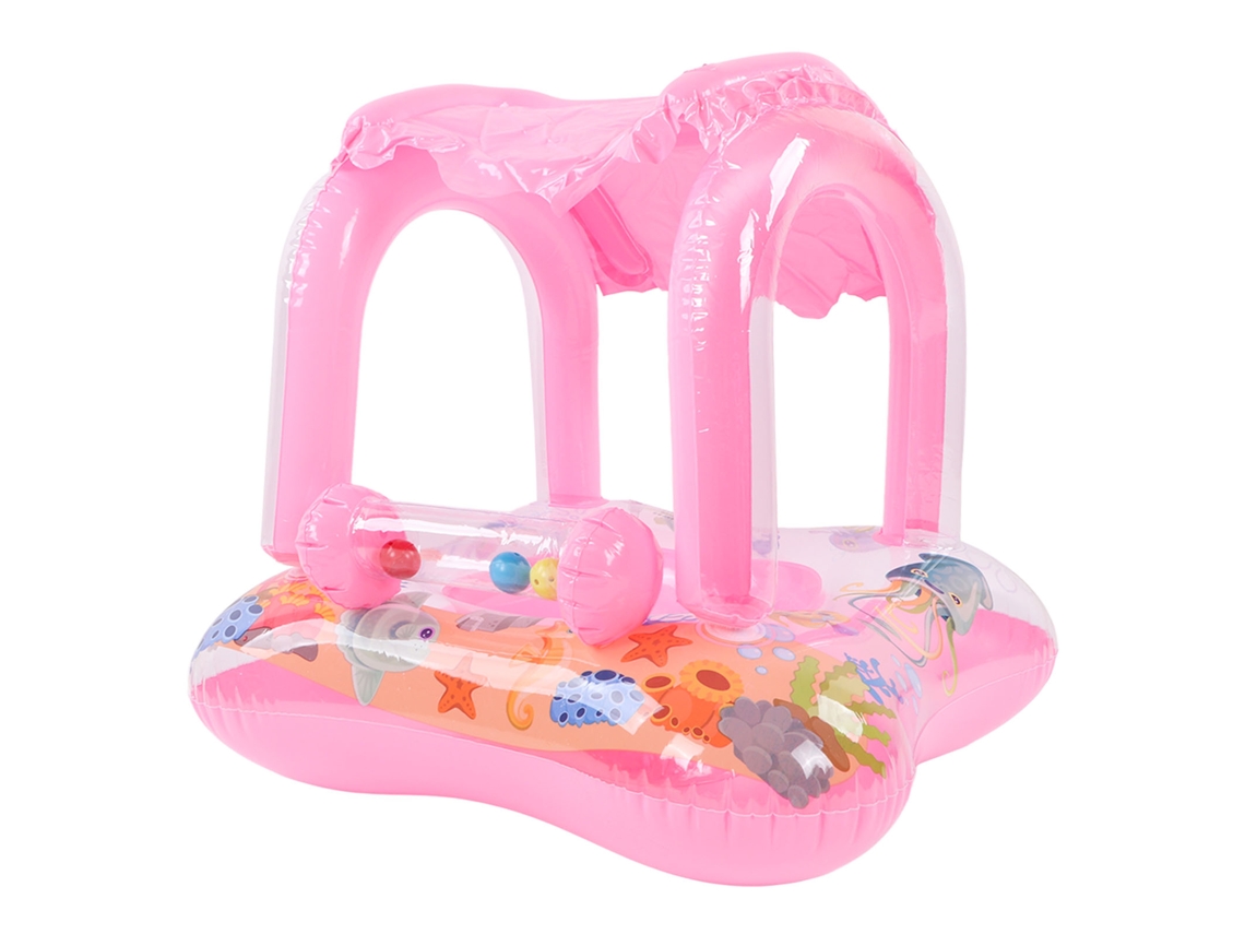 Flotador Infantil Para Piscina Con Toldo Y Timbre Inflable, Asiento Seguro, Rosa.