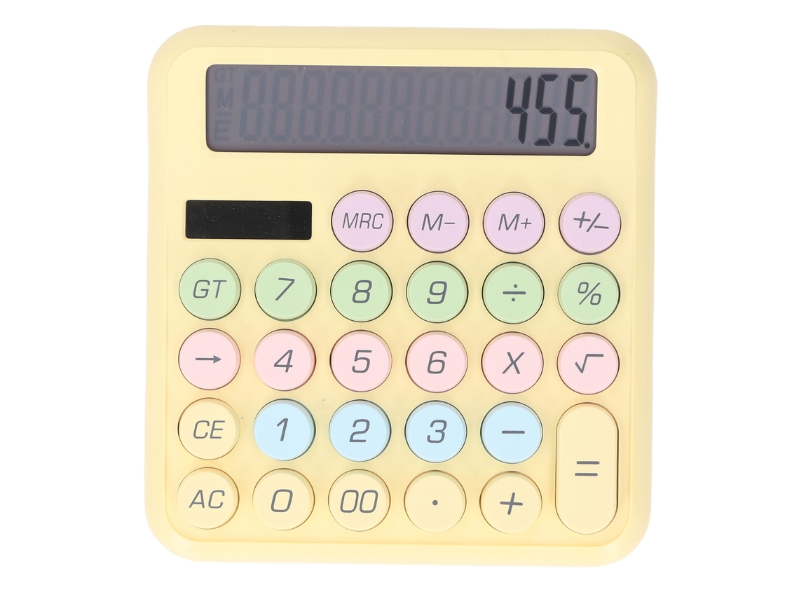 Calculadora Solar E Bateria 12 Dígitos Com Display Lcd 5 Polegadas Chaves Grandes Redondas Portátil Amarelo Limão