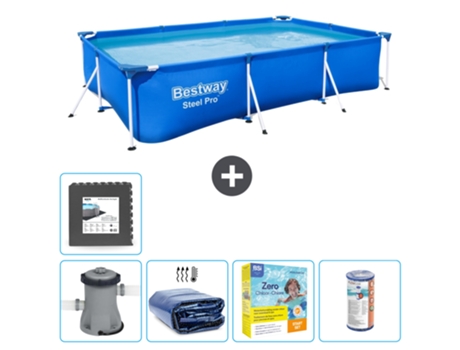 Piscina BESTWAY rectangular Steel Pro - 300 x 201 x 66 cm - Azul - Bomba incluida Vela solar - Paquete de mantenimiento - Filtrar - Baldosas