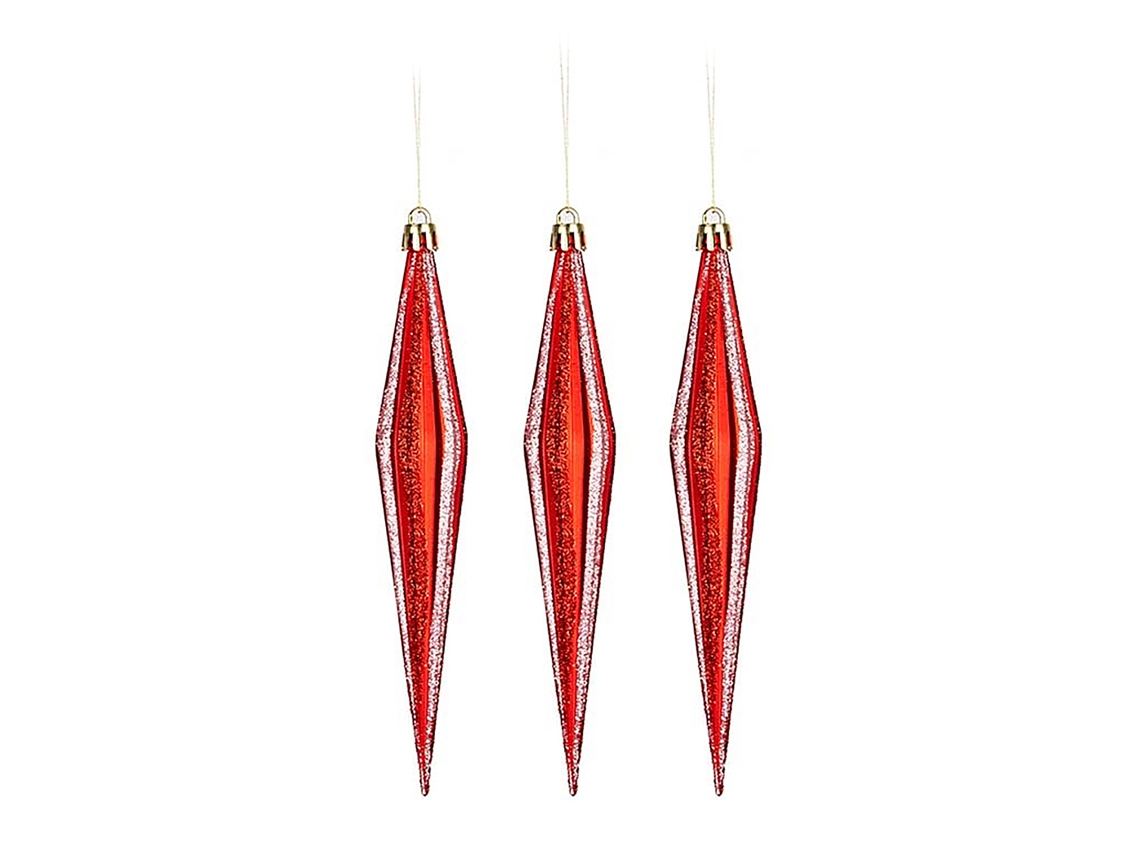 Juego de 3 adornos navideños alargados de 17 cm de alto con centros de color rojo y rosa claro.