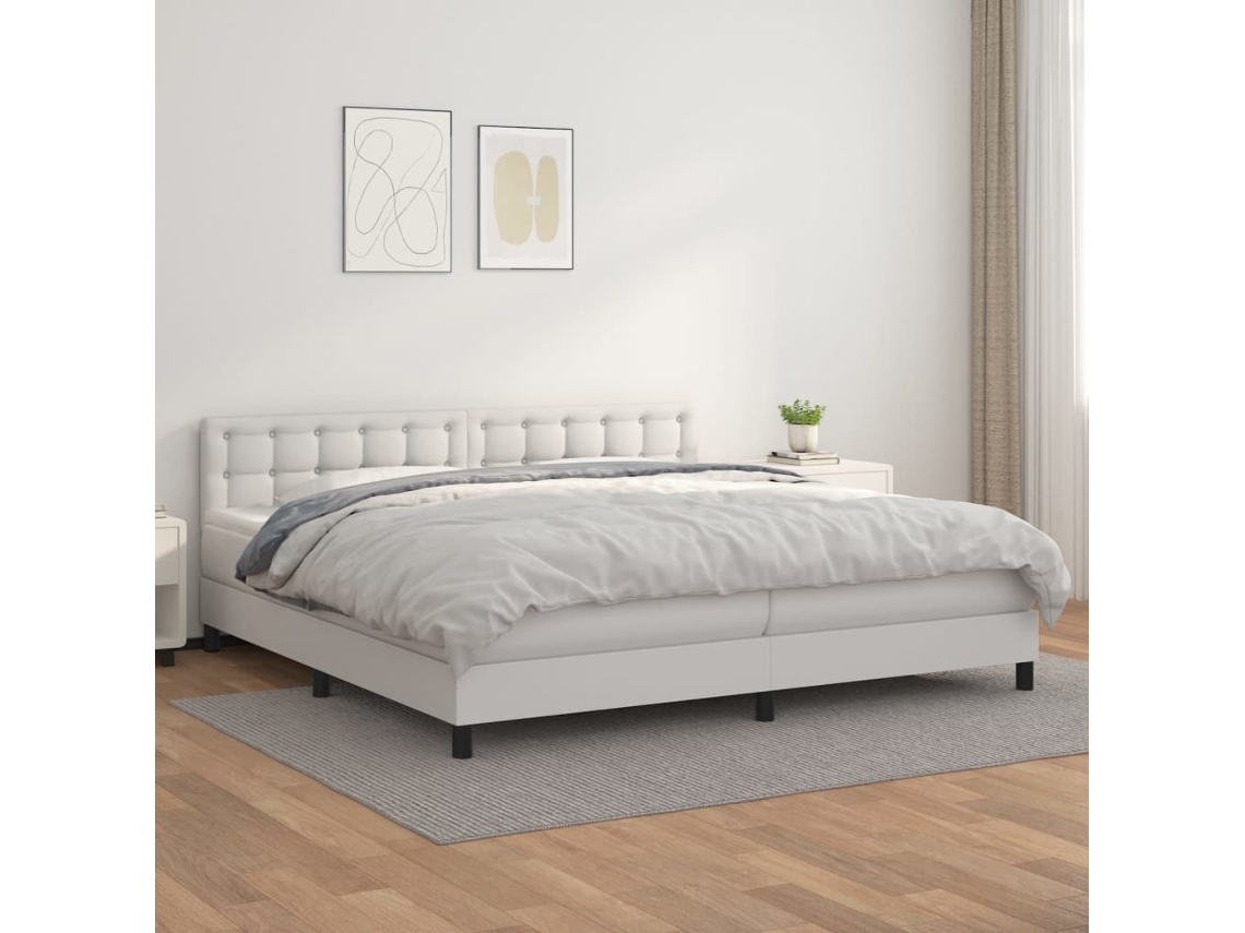 Cama Box Spring Con Colchón Cuero Sintético Blanco 200x200 Cm