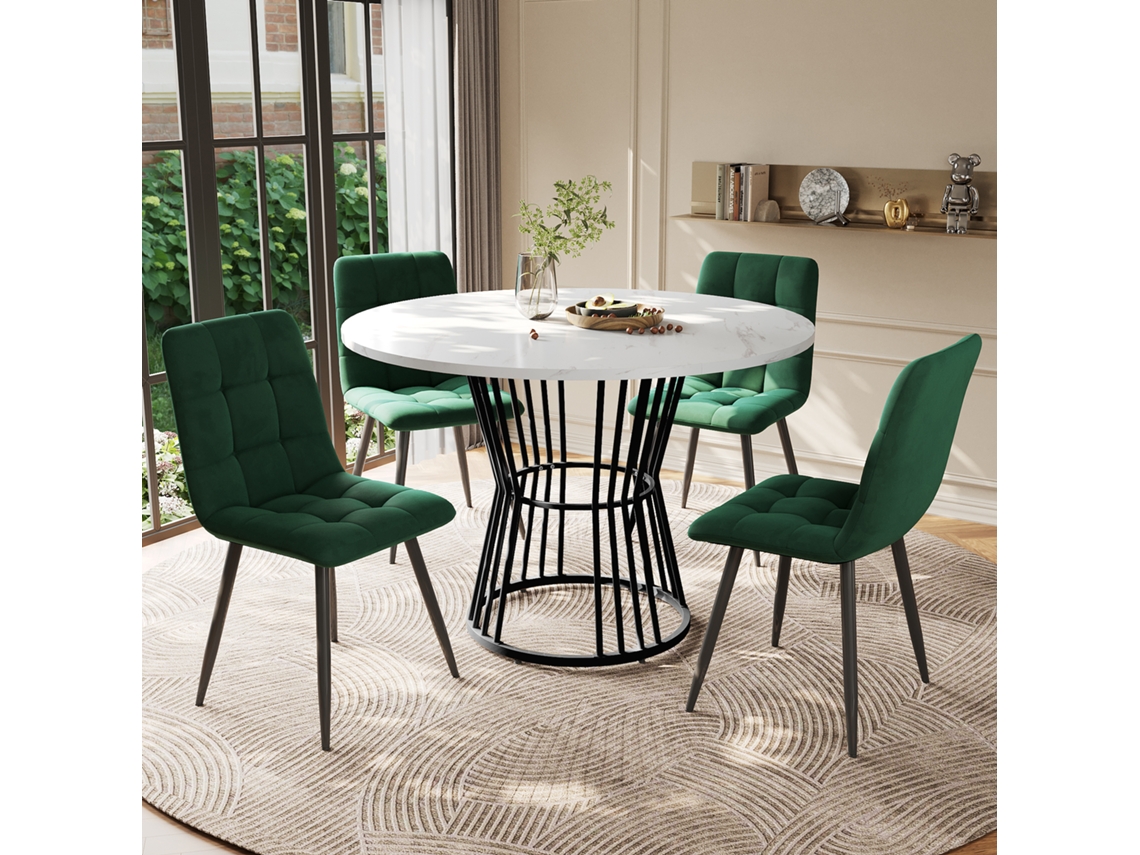 Juego de comedor BGA STORE de 5 piezas, mesa redonda con 4 sillas, tablero de MDF blanco, patas negras, sillas tapizadas en terciopelo verde