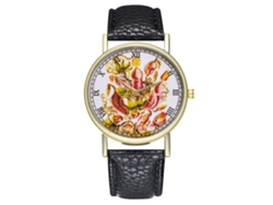 Reloj De Pulsera Unisex Zhoulianfa Con Correa De Pu, Estampado Vegetal, Esfera Redonda Y Movimiento De Cuarzo Negro.