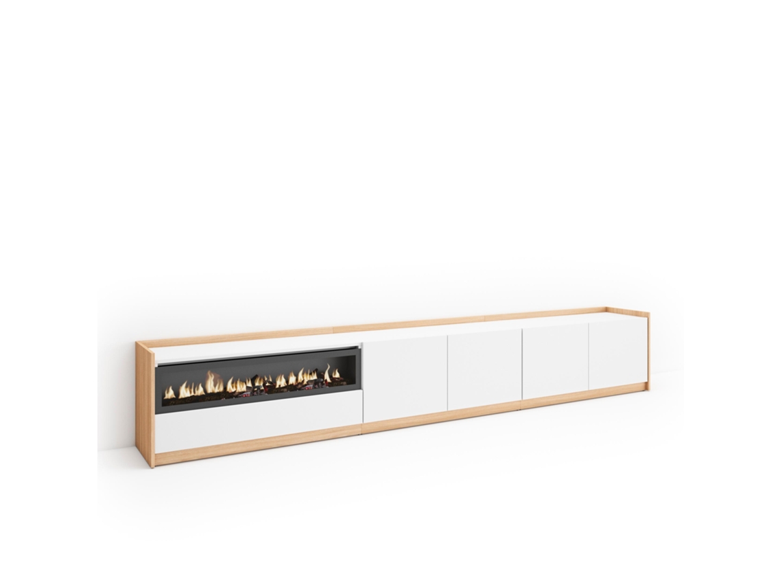 Mueble para TV, 310x37x50cm, para televisores de hasta 80'', chimenea eléctrica, blanco y roble claro.