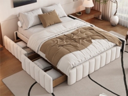 Cama Tapizada 140x200cm En Terciopelo Sin Cabecero - Con Cajones Y Somier - Beige