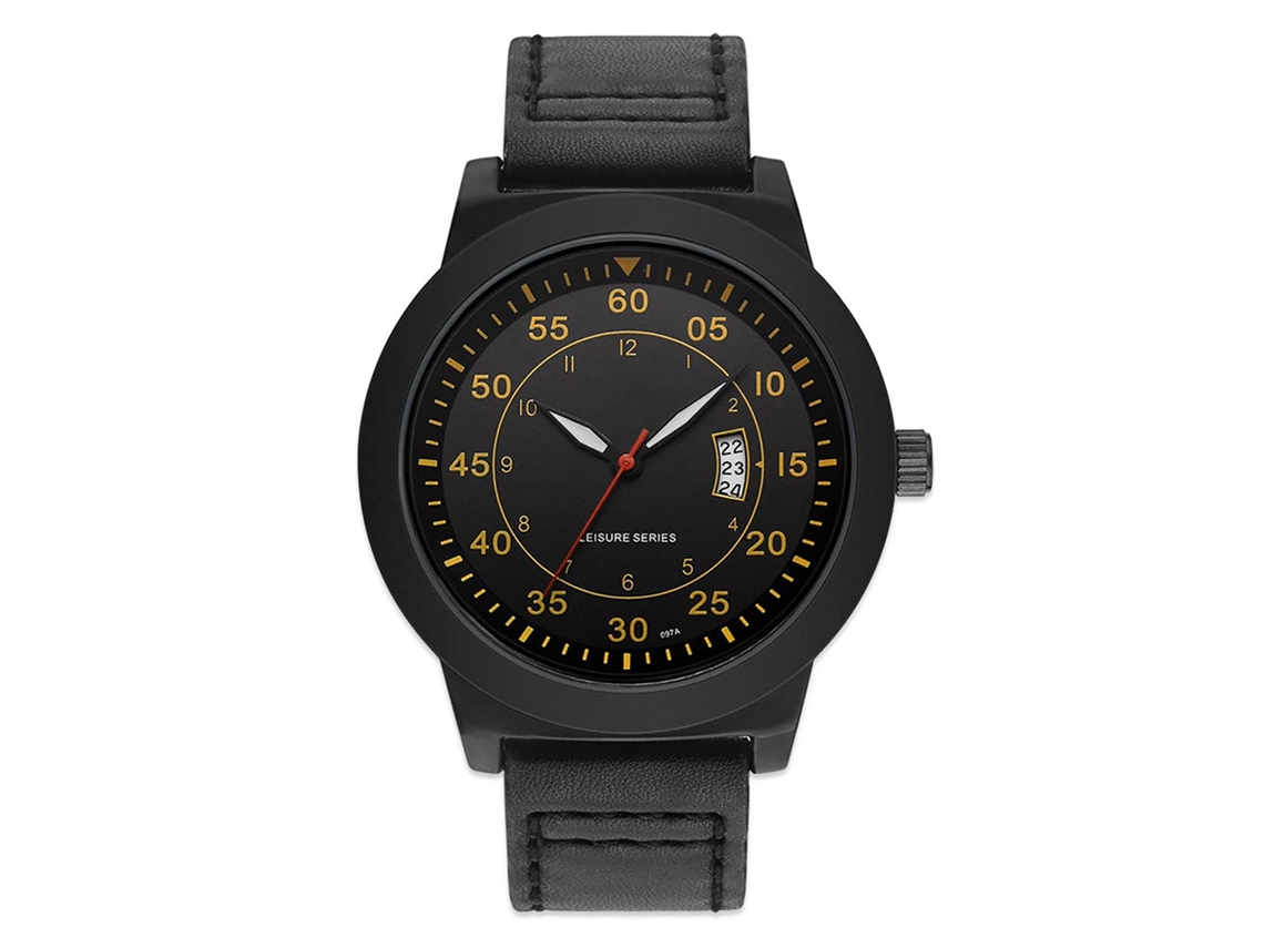 Reloj De Pulsera De Cuarzo Para Hombre Con Correa De Piel Sintética Y Función De Calendario (agujas Amarillas).