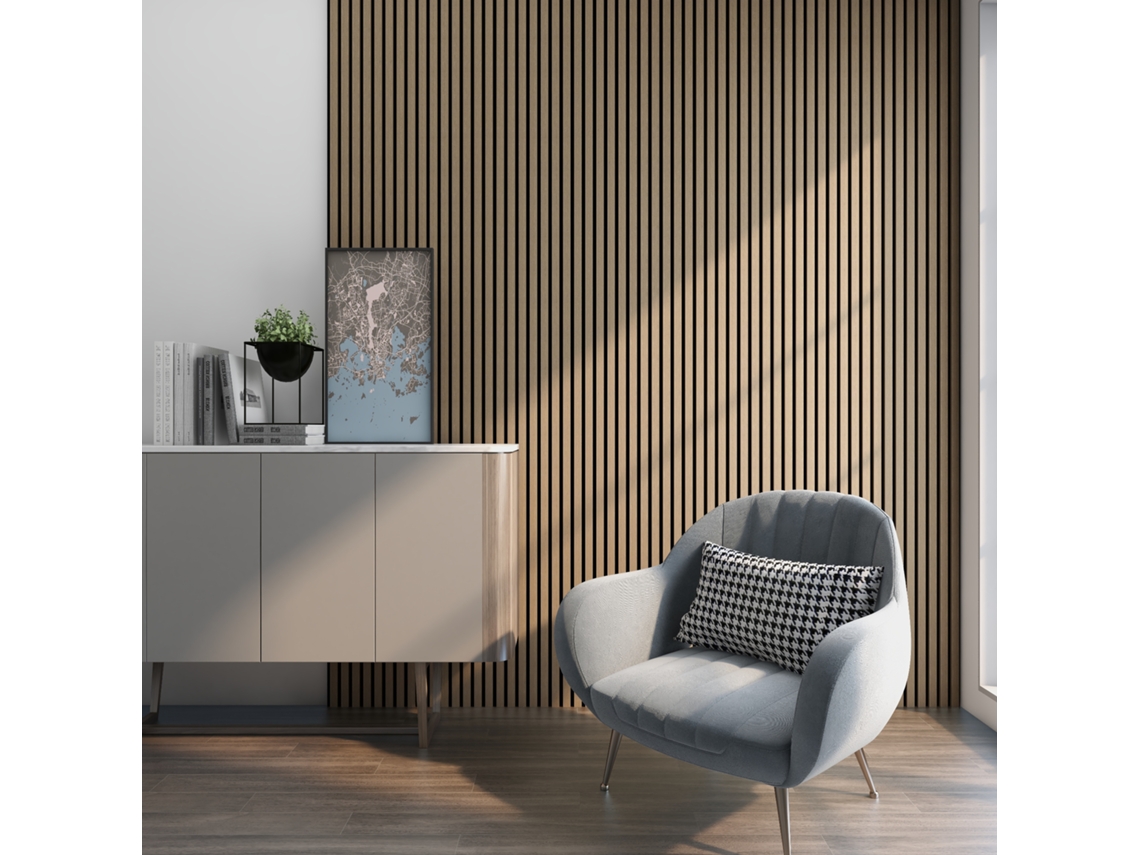 Set de 8x paneles de pared Vang acústico en MDF y fieltro 120 x 60 x 2 cm (5,76 m²) Nogal claro NEU.HOLZ