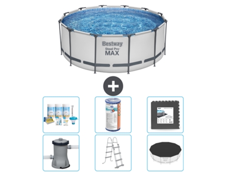 Piscina BESTWAY Round Steel Pro MAX - 366 x 122 cm - Gris - Incluida bomba - Escalera - Cobertor Paquete de mantenimiento - Filtrar - Baldosas