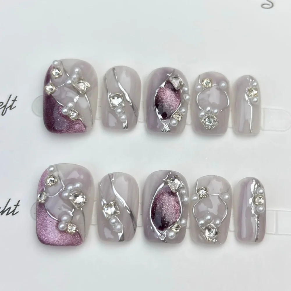 (b190-m) 10 Pegatinas De Uñas Postizas Hechas A Mano, Estilo Ballet Corto.