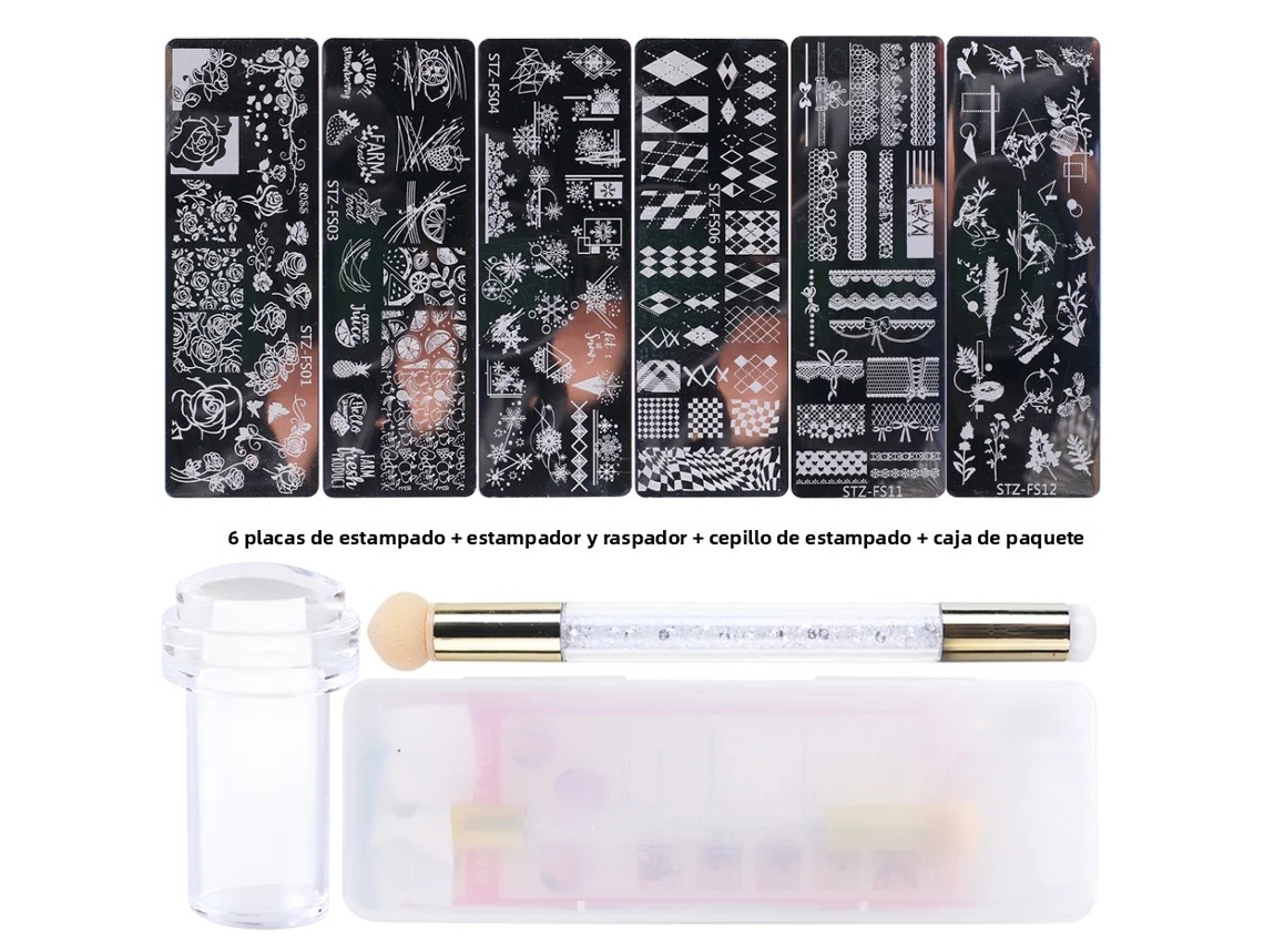 Juego de 9 piezas para decoración de uñas que incluye sellos de silicona, pincel para estampar y polvo para uñas.