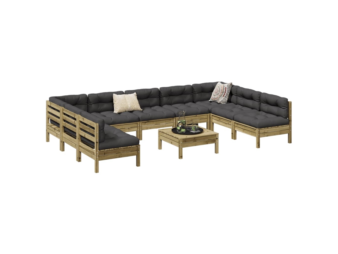 Conjunto de sofá de jardín de 10 piezas con cojines, madera de pino impregnada, DKD Home Decor