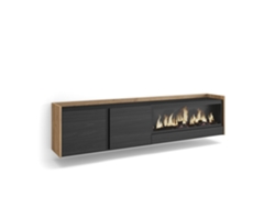Mueble para TV, 212x35x50cm, para televisores de hasta 80'', chimenea eléctrica XXL, montaje en pared, negro y roble.