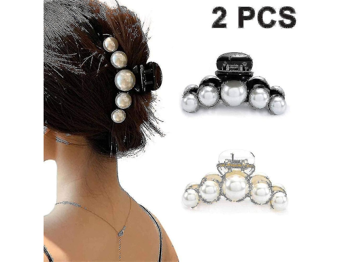 Set De 2 Pinzas Para El Pelo Grandes Con Perlas Artificiales Color Negro Y Champán