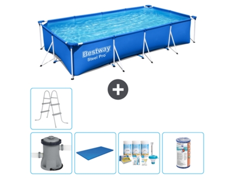 Piscina BESTWAY Rectangular Steel Pro - 400 x 211 x 81 cm - Azul - Bomba incluida Cubrir - Paquete de mantenimiento - Filtrar - Escalera
