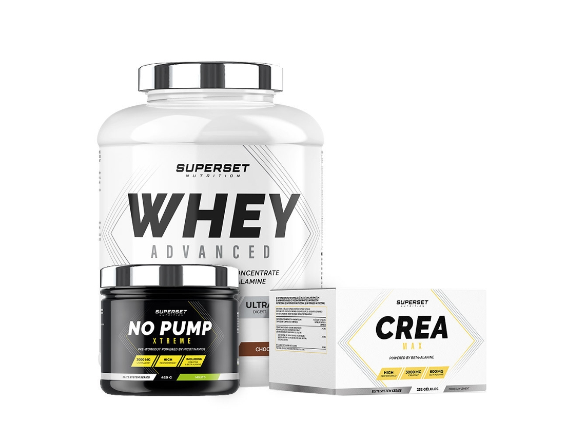 Programa de aumento de masa muscular en seco confirmado 100 Whey Proteine Advanced 2kg Chocolate No Pump Xtreme Mojito Créa M Superset Nutrition