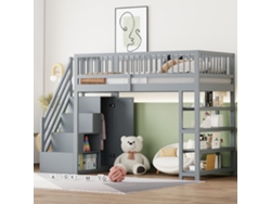 Cama Alta De Madera Maciza 90×200 Cm Con Barandilla Alta, Armario, Estantes Y Espacio De Almacenamiento Con Escalera Segura, Gris