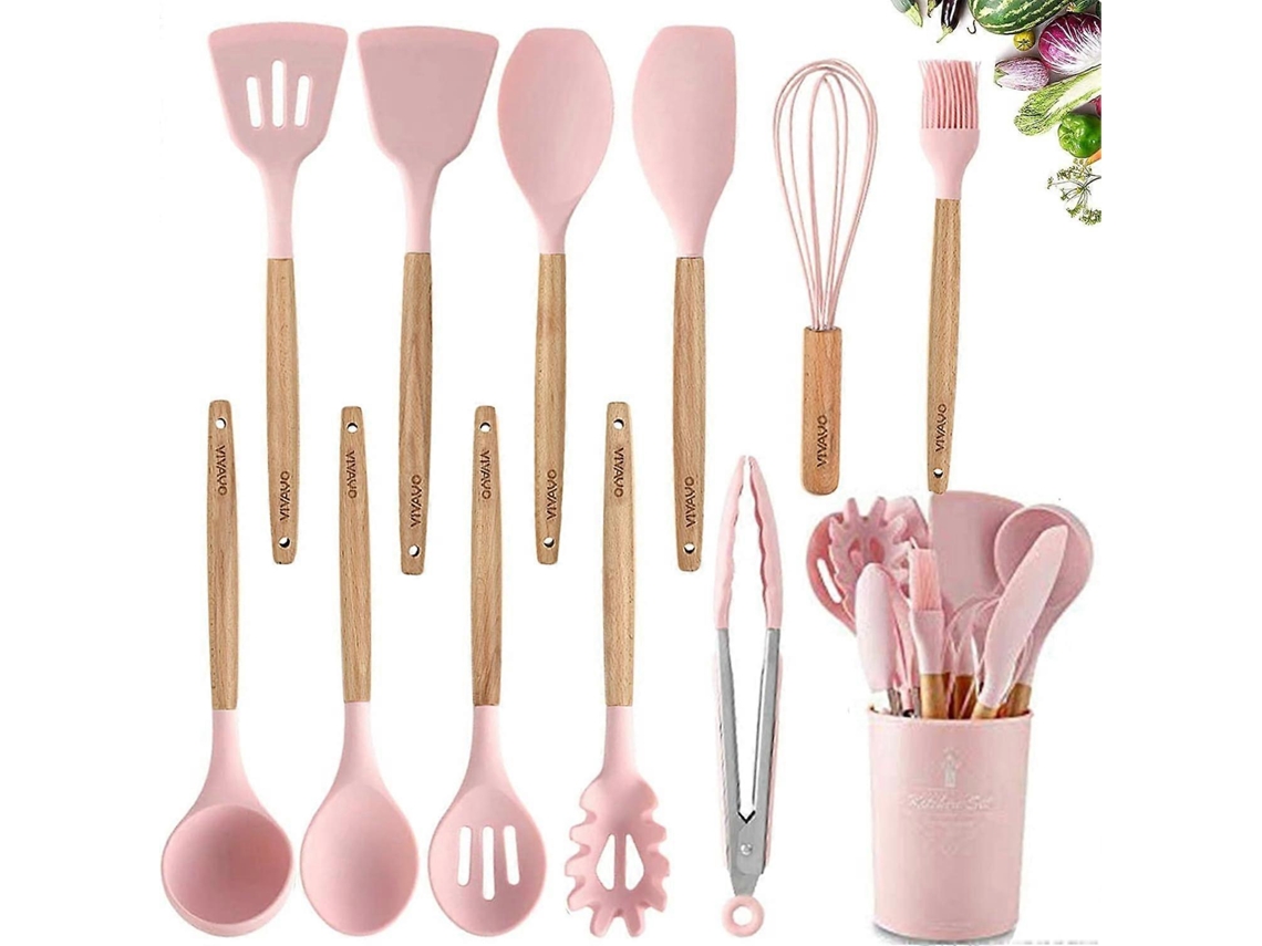 Juego de utensilios de cocina de silicona, 12 piezas, con mangos de madera, espátulas, cucharas, volteadores y pinzas, con soporte. Nostalgia88