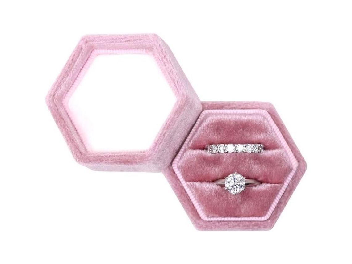 2026-caja Para Anillo Hexagonal De Terciopelo Con Doble Ranura Para Bodas Y Compromisos Rosa