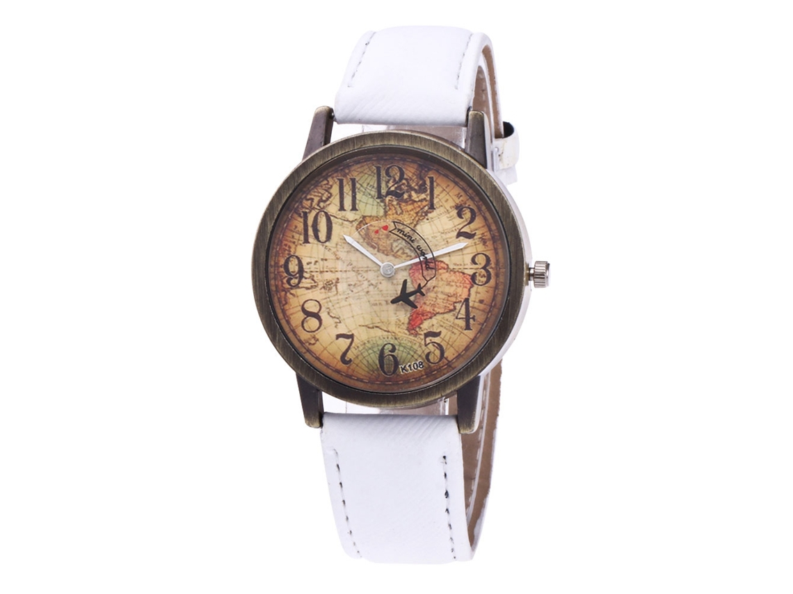 Reloj De Pulsera Unisex De Mezclilla Con Colorido Estampado De Mapa Del Mundo Retro, Blanco.