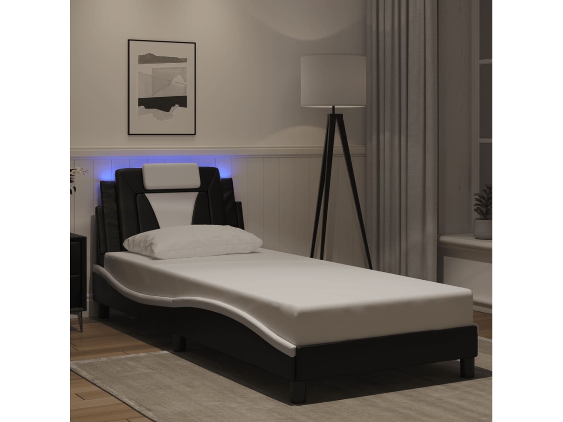 Estructura Cama Con Led Cuero Sintético Negro Blanco 90x200 Cm