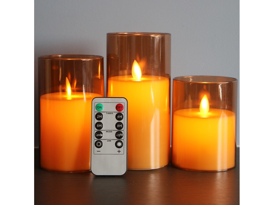 Velas LED sin llama con control remoto, juego de 3, a pilas, ideales para bodas y decoración navideña (doradas)