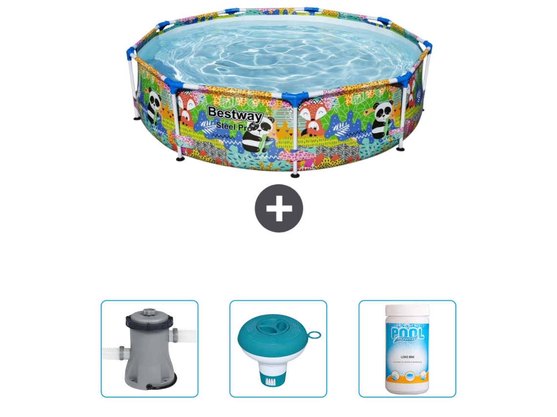 Piscina BESTWAY Round Steel Pro - 274 x 66 cm - Animal print - Incluida Bomba - flotador de cloro - Cloro