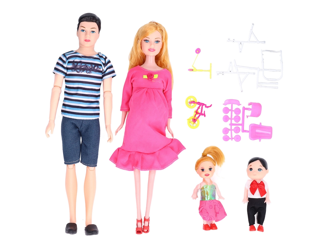 Conjunto De Bonecas Família Com Pai Mãe Grávida Filhos Bicicleta Patinete Presente Educativo 7+
