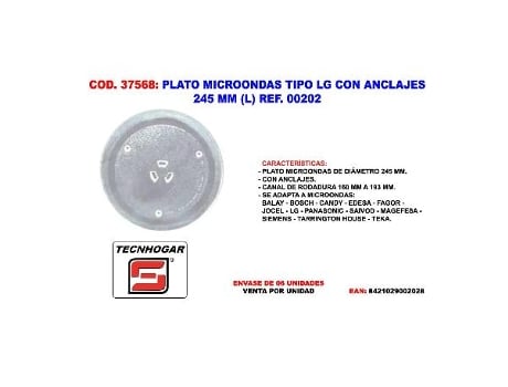 Plato microondas tipo lg con anclajes 245 mm (l) ref. 00202