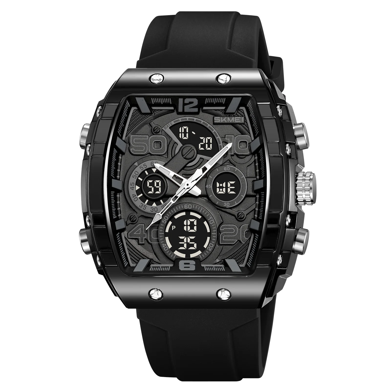 Reloj Deportivo Con Cronógrafo Led (negro), Caja En Forma De Tonel Para Hombres Jóvenes.