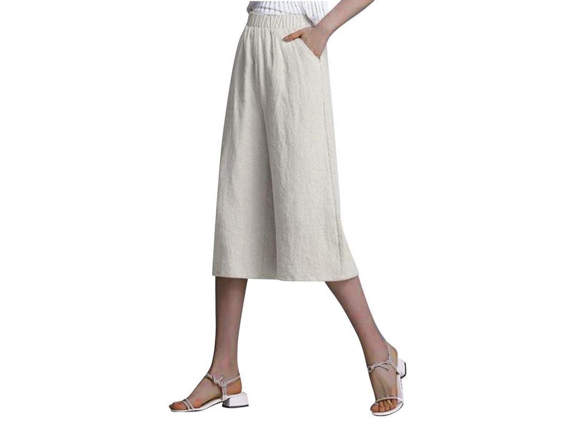 2026-4388-pantalones Anchos Para Mujer De Algodón Lino, Casual De Cintura Alta Con Bolsillos, Verano Playa Gimnasio M Beige