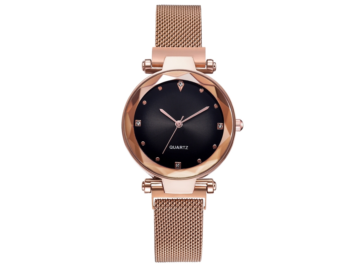 Reloj De Cuarzo Con Correa De Malla Con Pedrería, Oro Rosa, Estilo Moderno (negro)