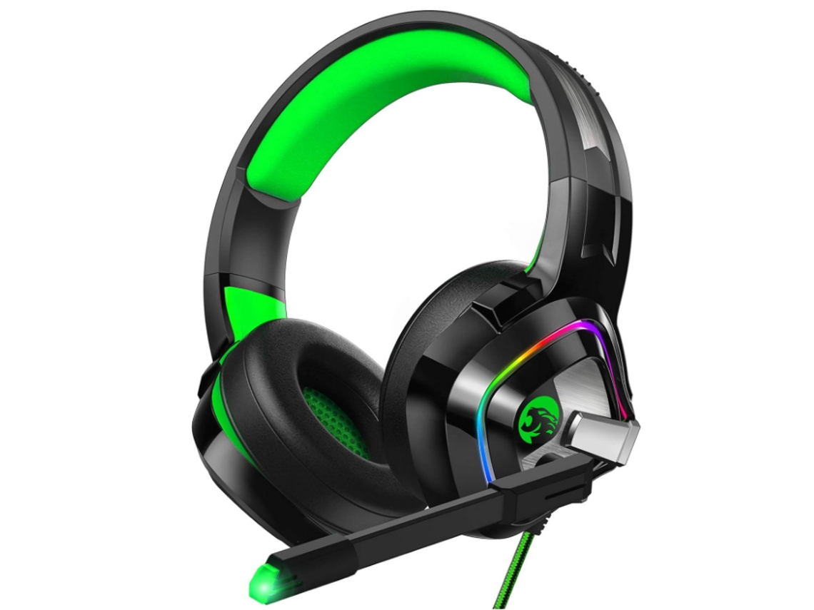 Auriculares con cable, micrófono, aislamiento de ruido, luces LED RGB, auriculares para juegos con sonido envolvente verde
