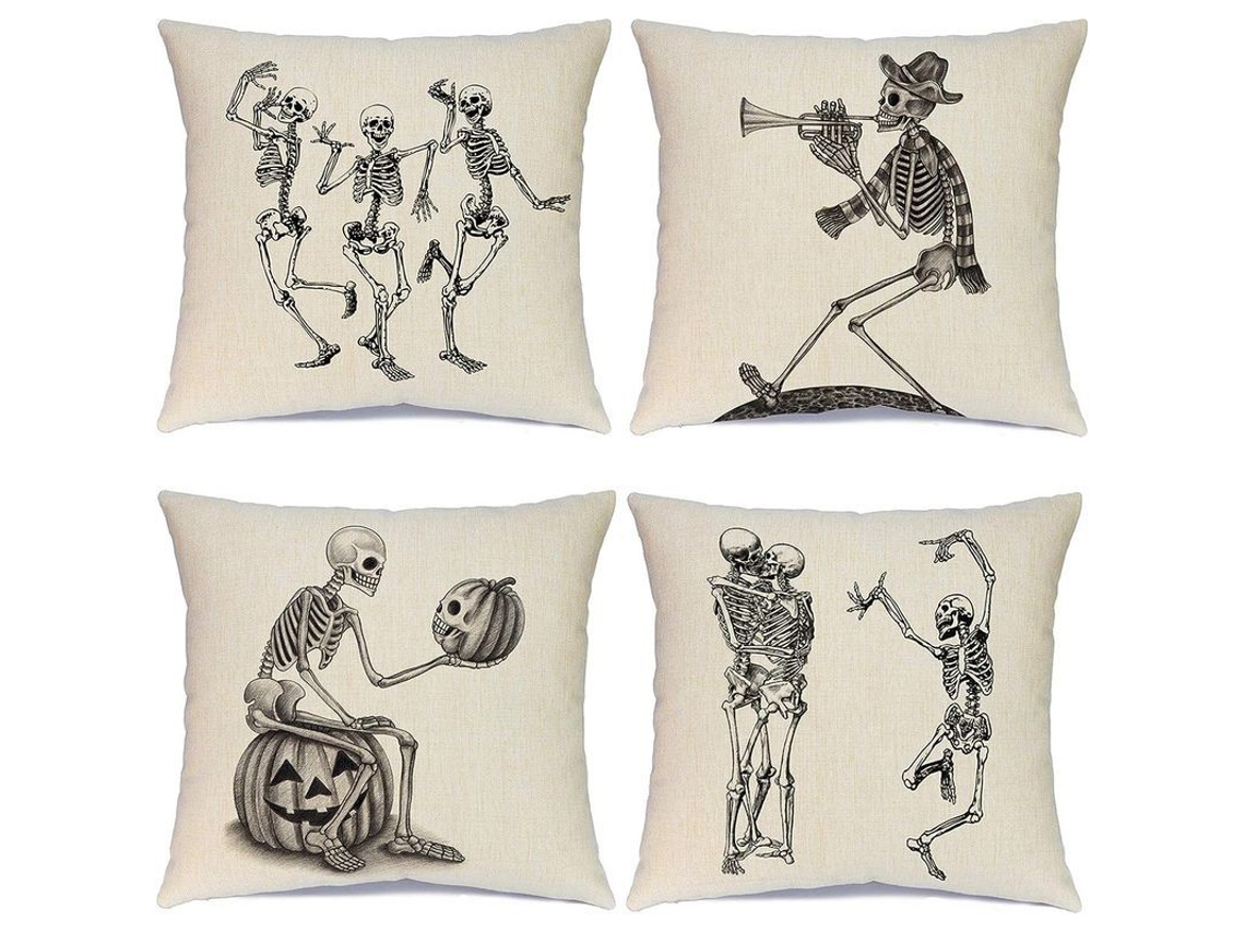 2026-30801-4 Fundas De Almohada De Lino Algodón Con Diseños De Calavera Para Halloween, 45x45cm