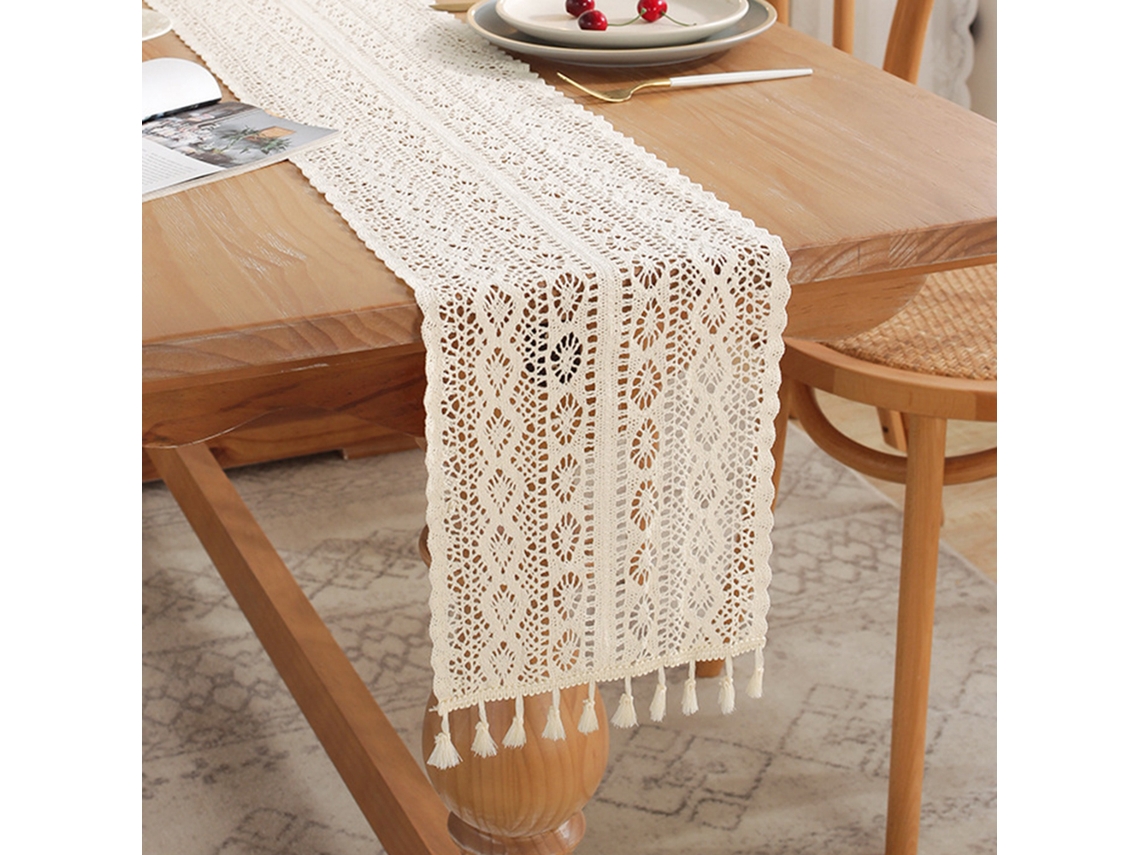 KOFIHETY Caminho de mesa beige 24x240 cm, con borlas, estilo boho, para decoración de boda, despedida de soltera y comedor