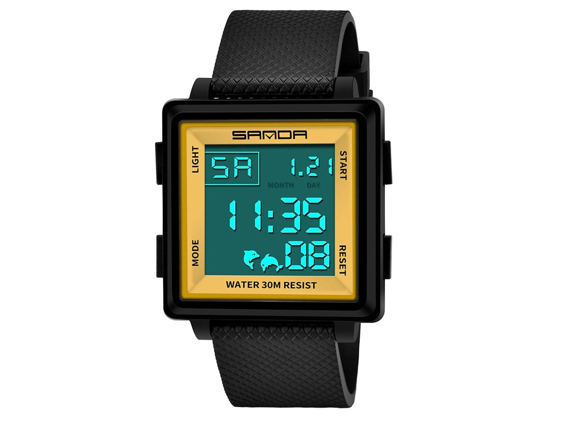 Reloj Digital Multifuncional Electrónico Sanda, Estilo Sencillo Y Elegante, Correa Negra Y Dorada.