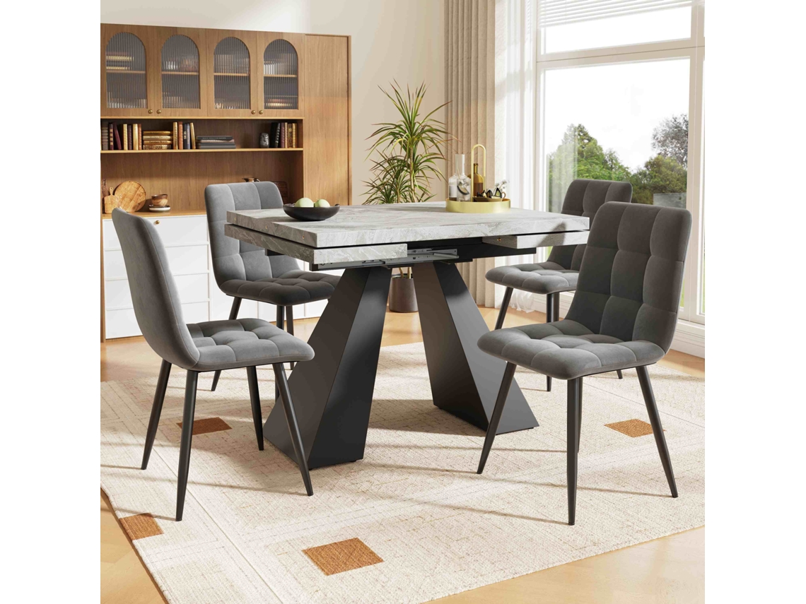 Juego de mesa de comedor de 5 piezas de 160 x 80 cm, extensible y con 4 sillas en terciopelo gris, con patas de columna.