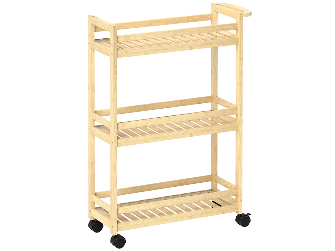 Carrito de servicio de bambú de 3 niveles, carrito de cocina con ruedas, carrito multiusos con asa, carrito de almacenamiento para taller Zkaka